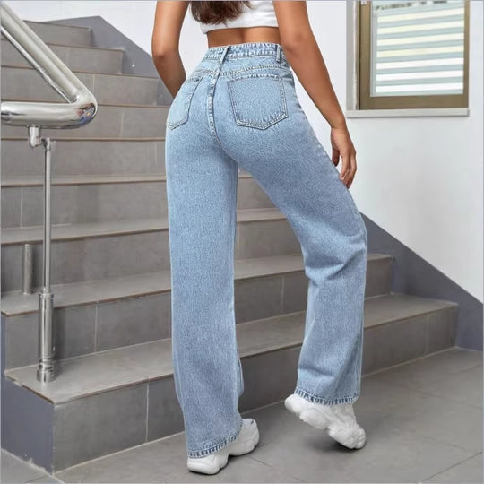 Damen hochtaillierte weite Denim-Jeans mit auffälligen Print‑Fleck‑Akzenten Shop Nory