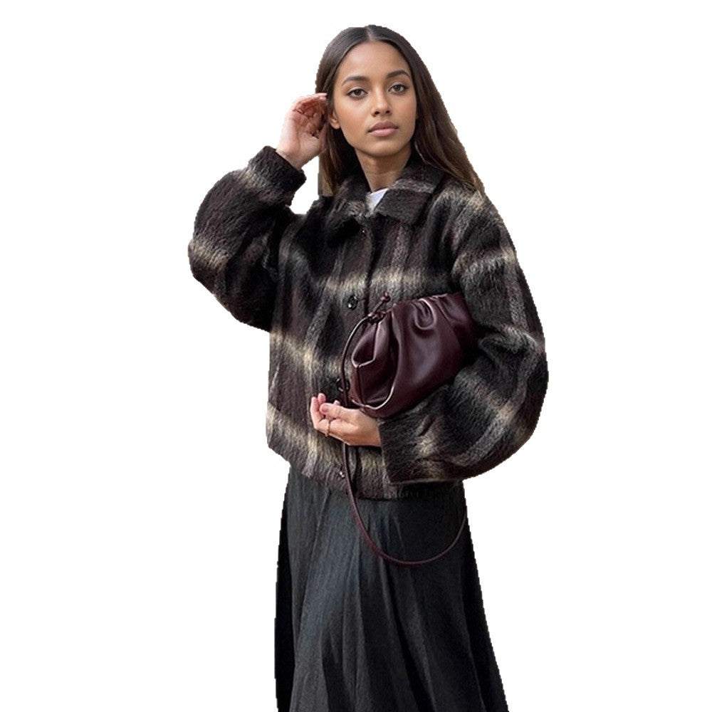 Damen Kurzjacke im karierten Kunstfell-Boxycut mit Schalkragen Shop Nory