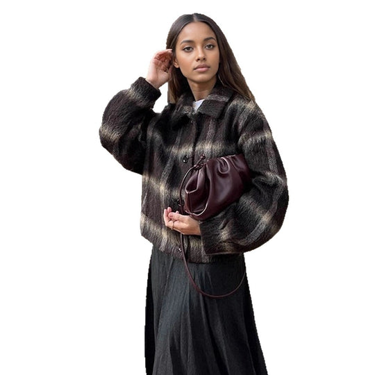 Damen Kurzjacke im karierten Kunstfell-Boxycut mit Schalkragen Shop Nory