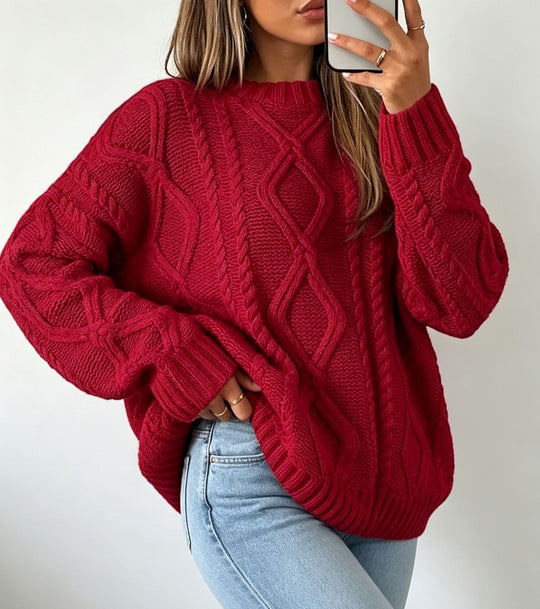 Damen Oversize Flechtstrick-Pullover mit Zopfmuster und Rundhals Shop Nory