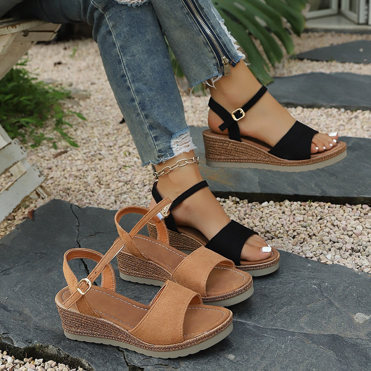 Damen Wedge-Sandalen mit verstellbaren Riemen und bequemer Sohle