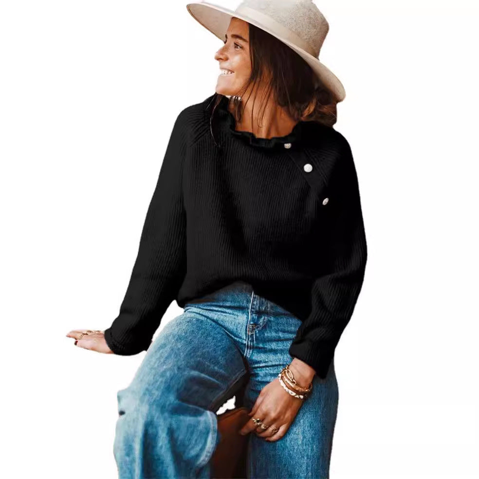 Damen Rippstrickpullover mit Rüschenkragen und seitlicher Knopfleiste Shop Nory