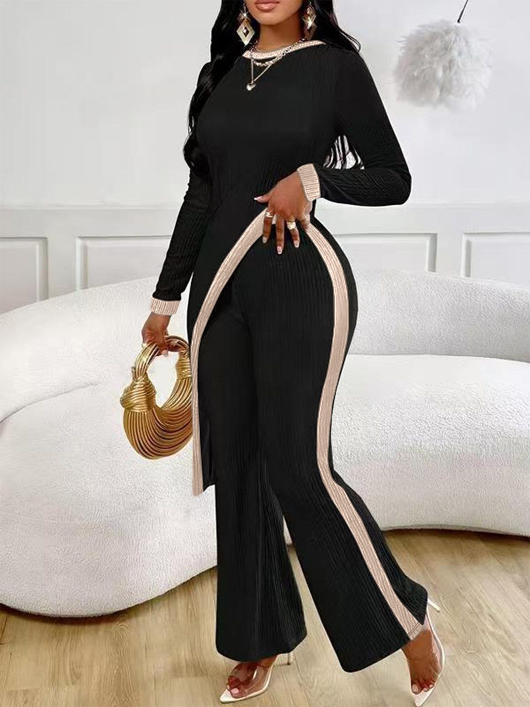Damen nan eleganter Rippen-Jumpsuit mit asymmetrischer Wickeloptik, taillierendem Cut-Out und kontrastierenden Seitenstreifen Shop Nory