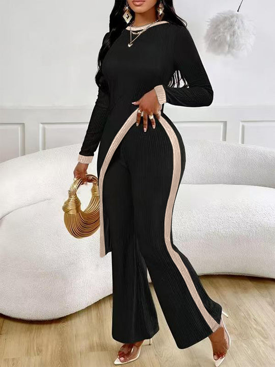 Damen nan eleganter Rippen-Jumpsuit mit asymmetrischer Wickeloptik, taillierendem Cut-Out und kontrastierenden Seitenstreifen Shop Nory