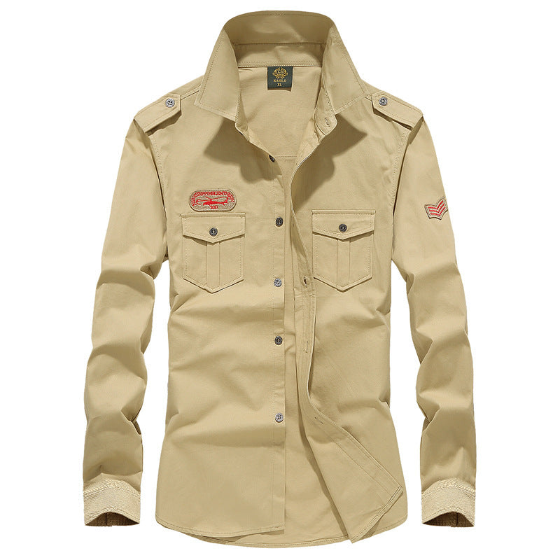 Herren Military-Utility Langarm-Canvashemd mit Brustpattentaschen und Schulterepauletten Shop Nory