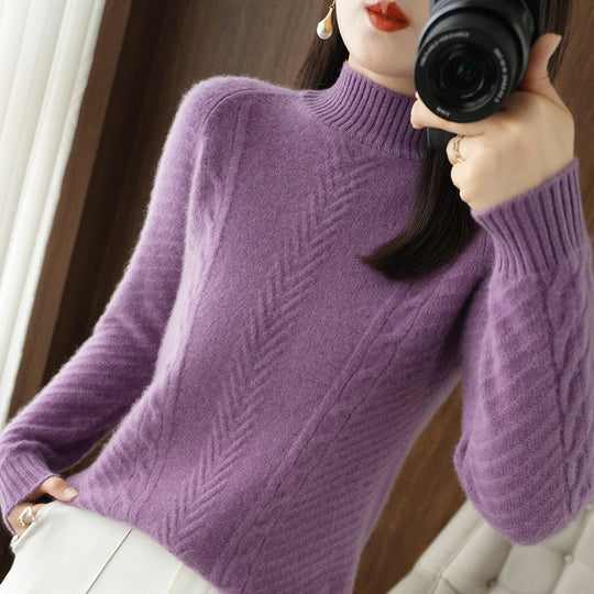 Damen Leichter Mohair‑Look Stehkragenpullover mit Zopf‑Ajour und taillierter Silhouette Shop Nory