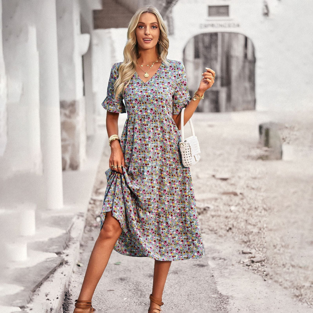 Damen Midi-Kleid mit Floralem Muster und Verspieltem V-Ausschnitt