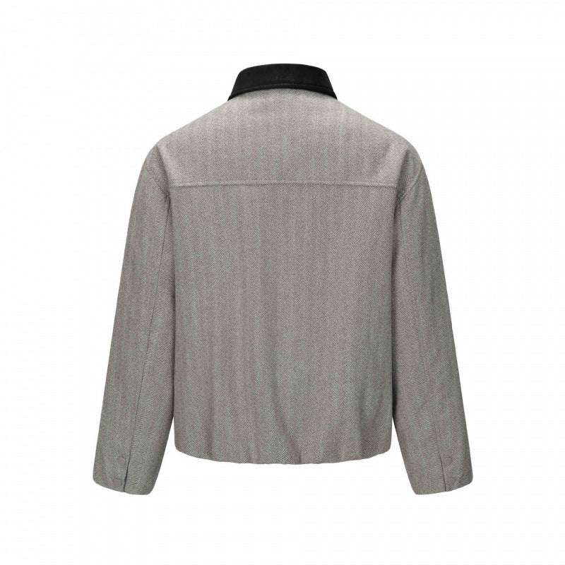 Herren Kurzblouson im Fischgrät-Wollmix mit Lederkragen und verdeckter Verschluss Shop Nory