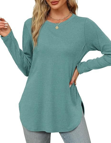 Damen Lässiges Longsleeve-Tunikaoberteil mit Rundhalsausschnitt, Seitenschlitzen und Aquarell-Blattprint Shop Nory