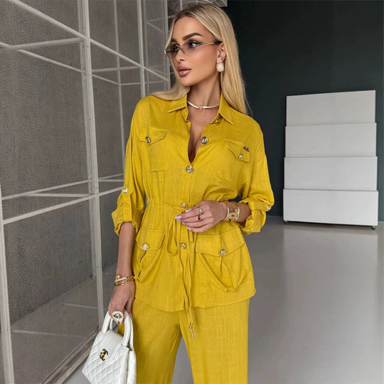 Damen Leinenoptik Utility-Hemdjacke mit Tunnelzugtaillierung und goldenen Zierknöpfen Shop Nory