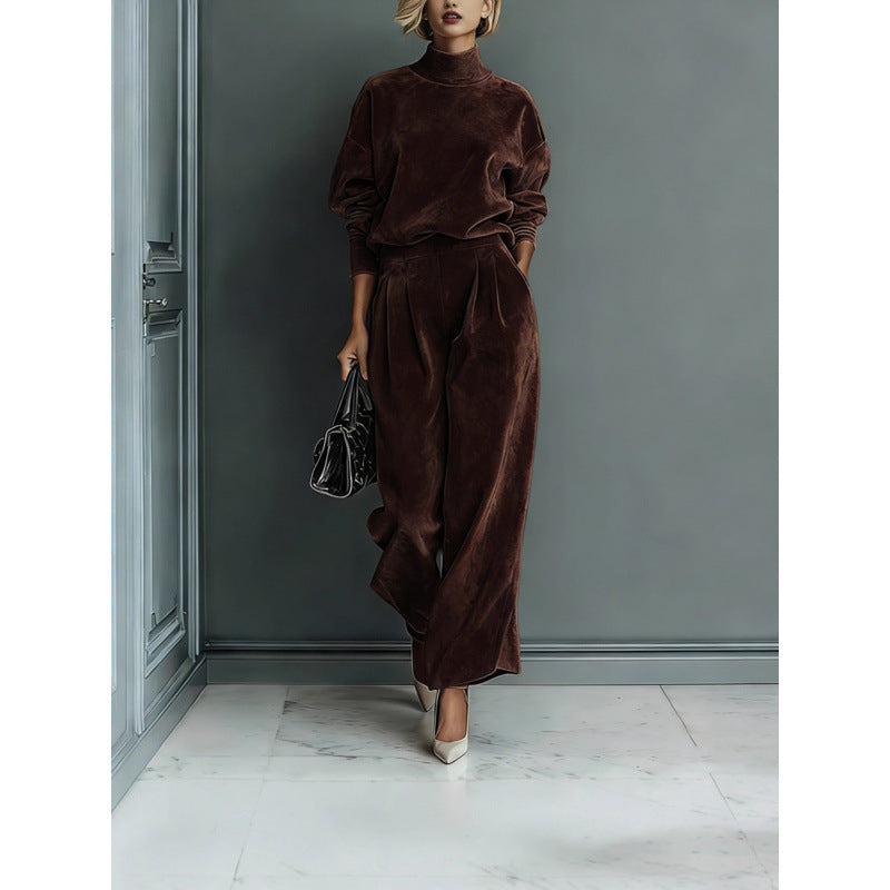 Damen Zweiteiliges Samt-Loungewear-Set mit Stehkragen und Plissee-Palazzohose Shop Nory