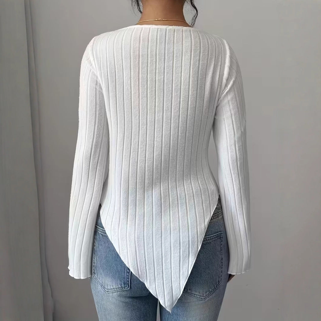 Damen Asymmetrischer Gerippter Feinstrickpullover mit V-Ausschnitt Shop Nory