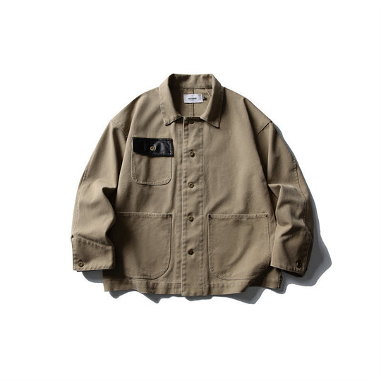 Unisex Boxy-Canvas-Worker-Überhemdjacke mit Lederpatte und aufgesetzten Taschen Shop Nory