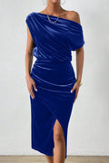 Damen Elegantes Schulterfreies Midikleid im Fließenden Design