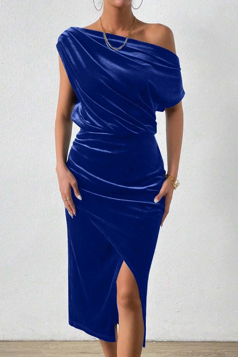 Damen Elegantes Schulterfreies Midikleid im Fließenden Design