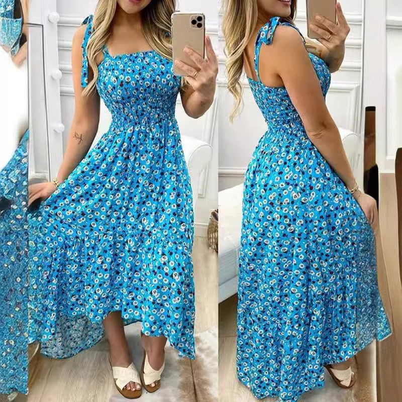 Damen Maxikleid mit Blumenmuster und elastischem Oberteil Shopnory