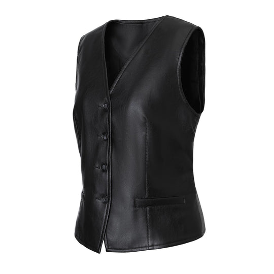 Damen Taillierte Lederweste mit V-Ausschnitt und Knopfleiste Shop Nory