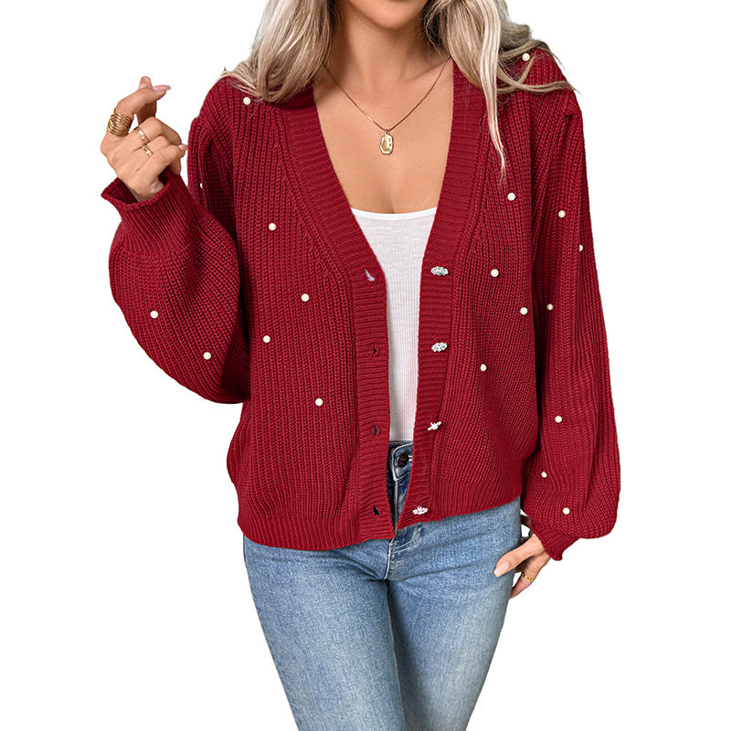 Damen Strickcardigan mit Perlenbesatz und überschnittenen Ärmeln Shop Nory