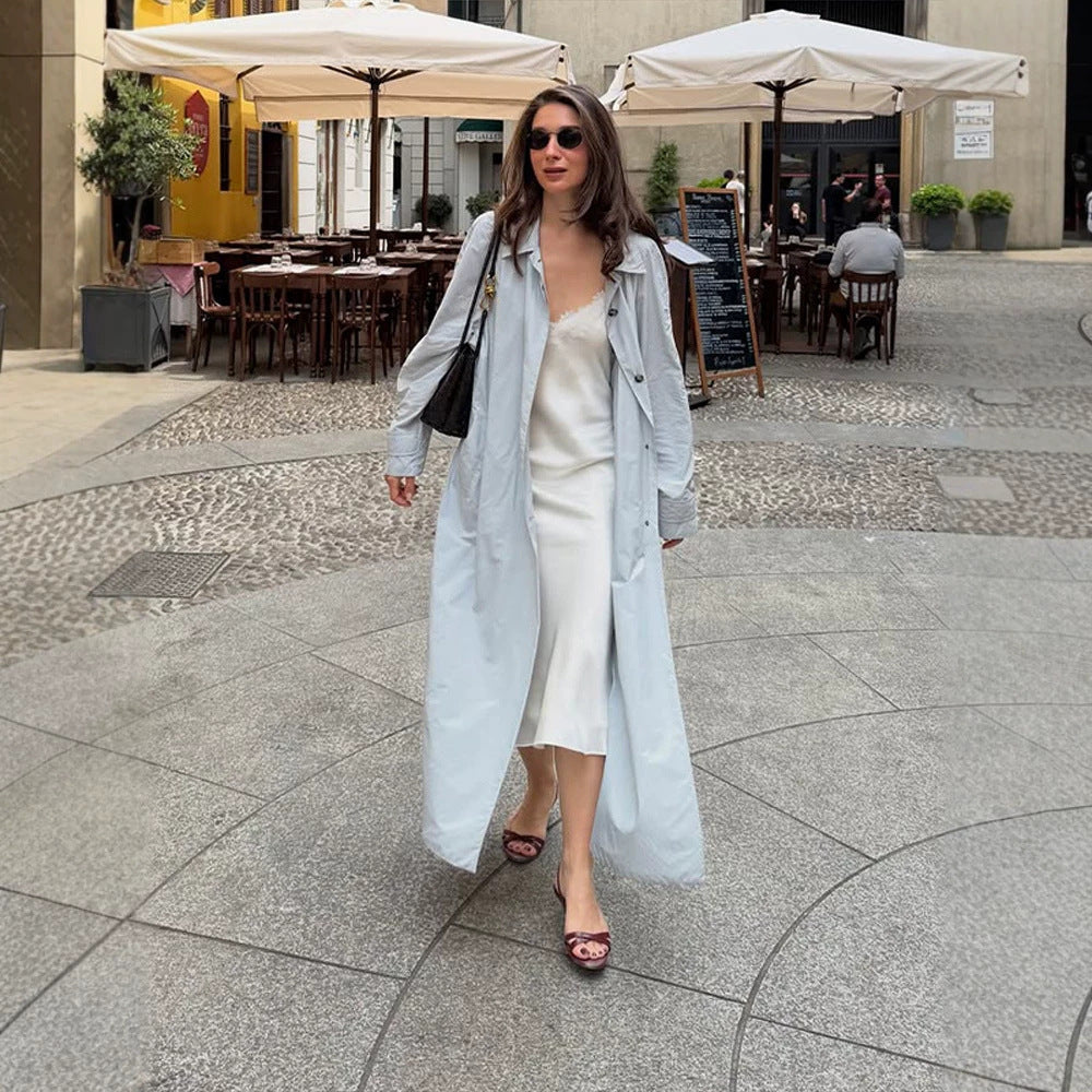 Damen Leichter langer Trenchcoat aus technischem Material mit verdeckter Knopfleiste und lockerem Fall Shop Nory