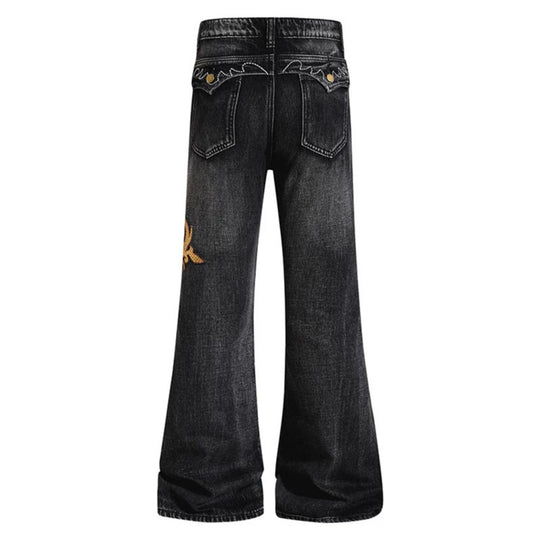 Damen Weite High‑Waist Schlaghose aus Denim mit barocker Stickerei Shop Nory