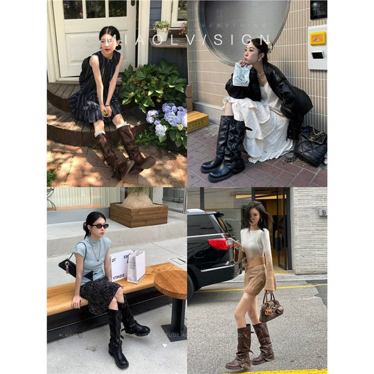 Damen kniehohe Slouch-Boots aus Kunstleder mit verstellbaren Schnallen und profiliertem Plateau-Absatz Shop Nory