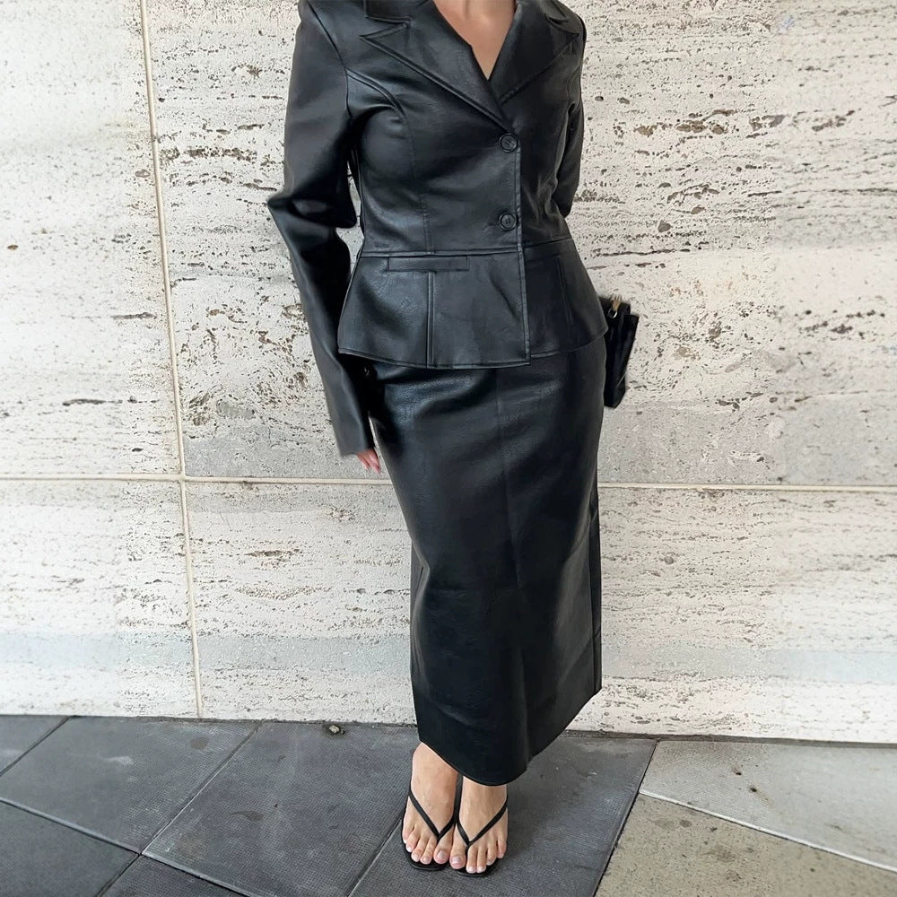 Damen Taillierter Blazer aus Lederimitat mit Wiener Nähten und Reverskragen Shop Nory