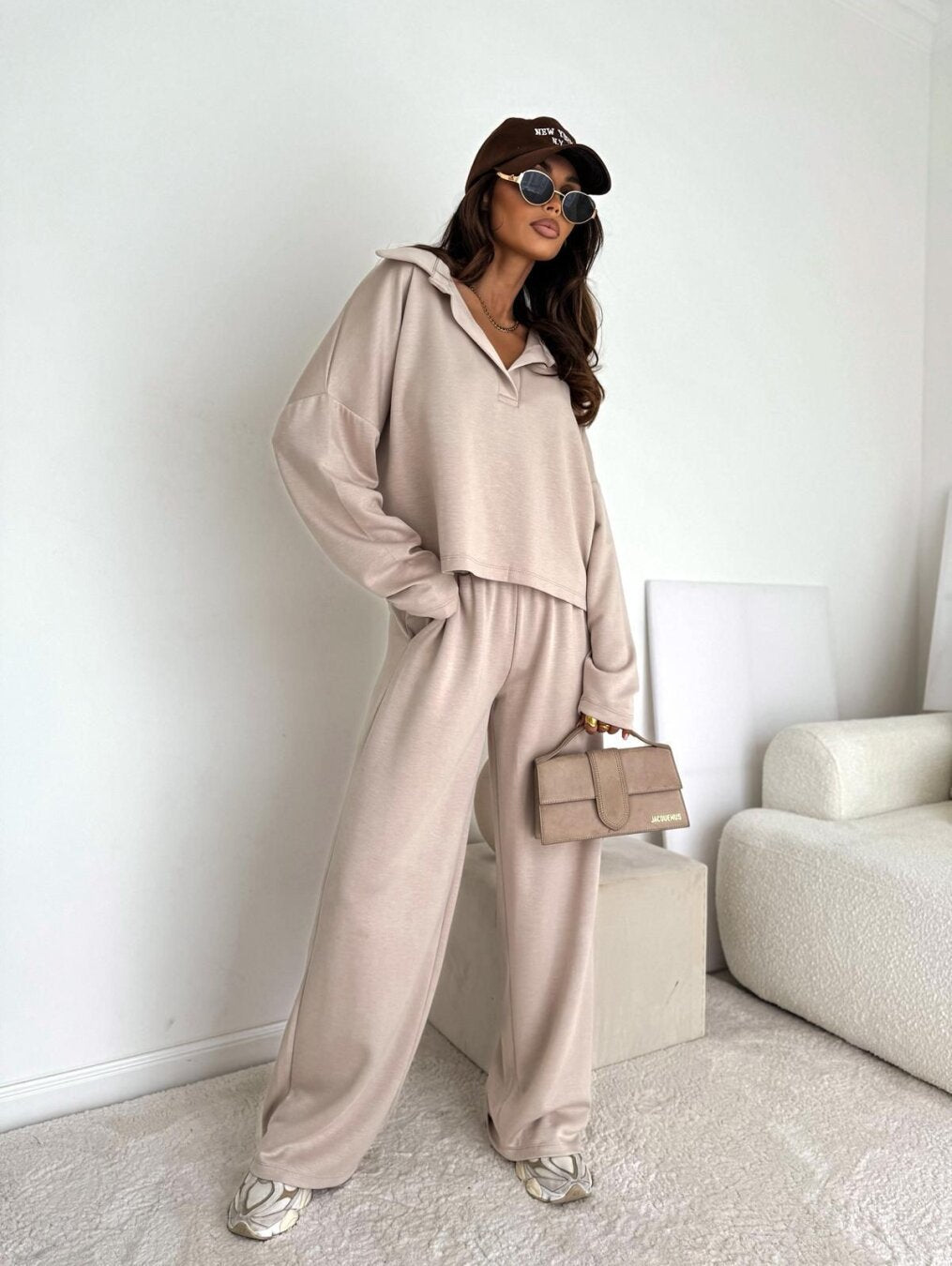 Damen Loungewear-Zweiteiler mit Hemdkragen-Cropped-Sweatshirt und weiter Palazzo-Hose Shop Nory