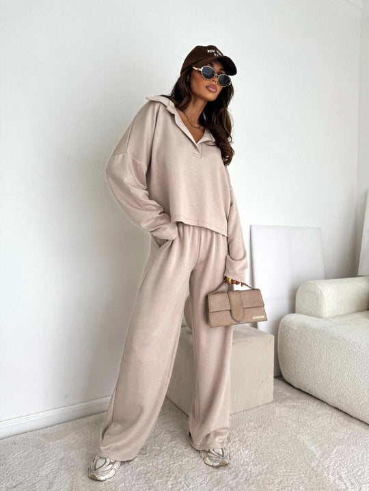 Damen Loungewear-Zweiteiler mit Hemdkragen-Cropped-Sweatshirt und weiter Palazzo-Hose Shop Nory