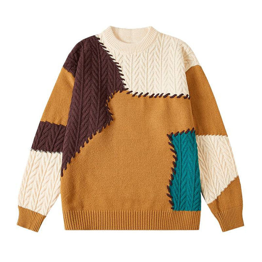 Herren strukturierter Patchwork-Strickpullover mit Zopfmuster und Rundhals Shop Nory