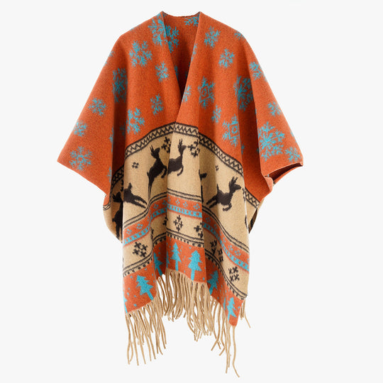 Damen Oversize-Poncho mit Norweger-Motiv und Fransen aus Wollmix Shop Nory
