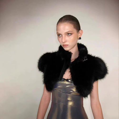 Damen Cropped Kunstpelz‑Bolero mit voluminösem Umlegekragen und Puffärmeln Shop Nory
