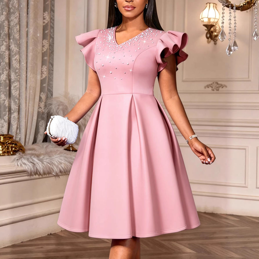 Damen A-Linien Kleid mit glitzernden Perlen und voluminösen Ärmeln