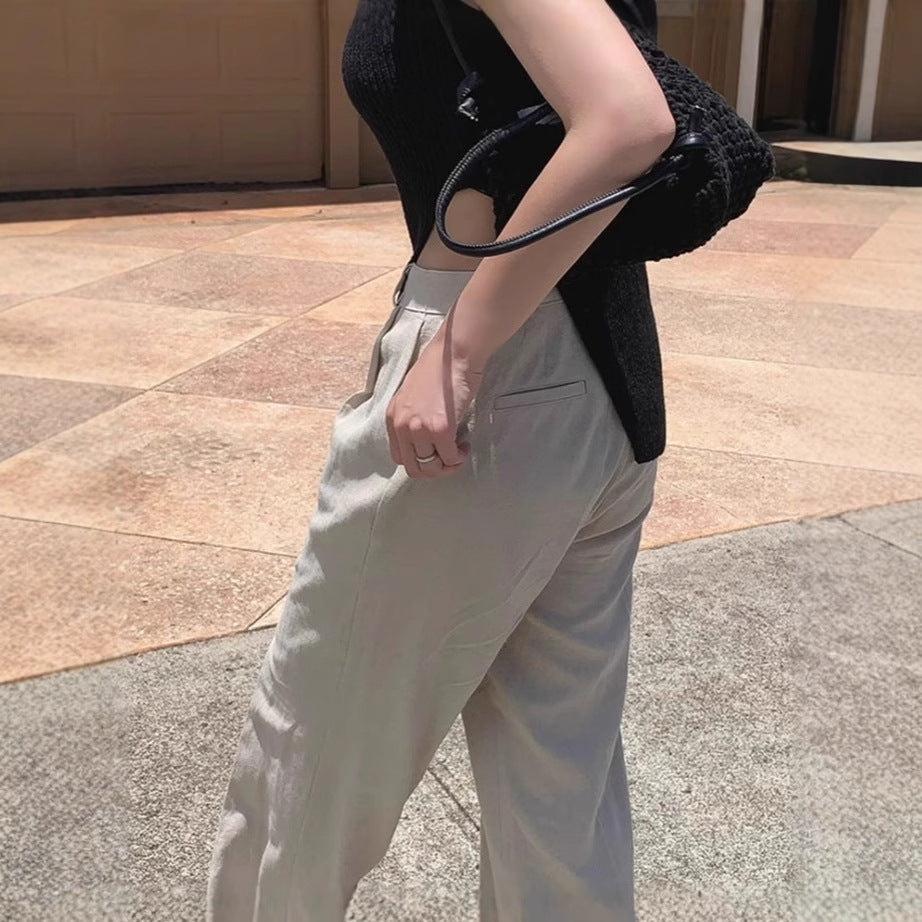 Damen Weite Leinenmix-Hose mit hoher Taille, Bügelfalte und Eingrifftaschen Shop Nory