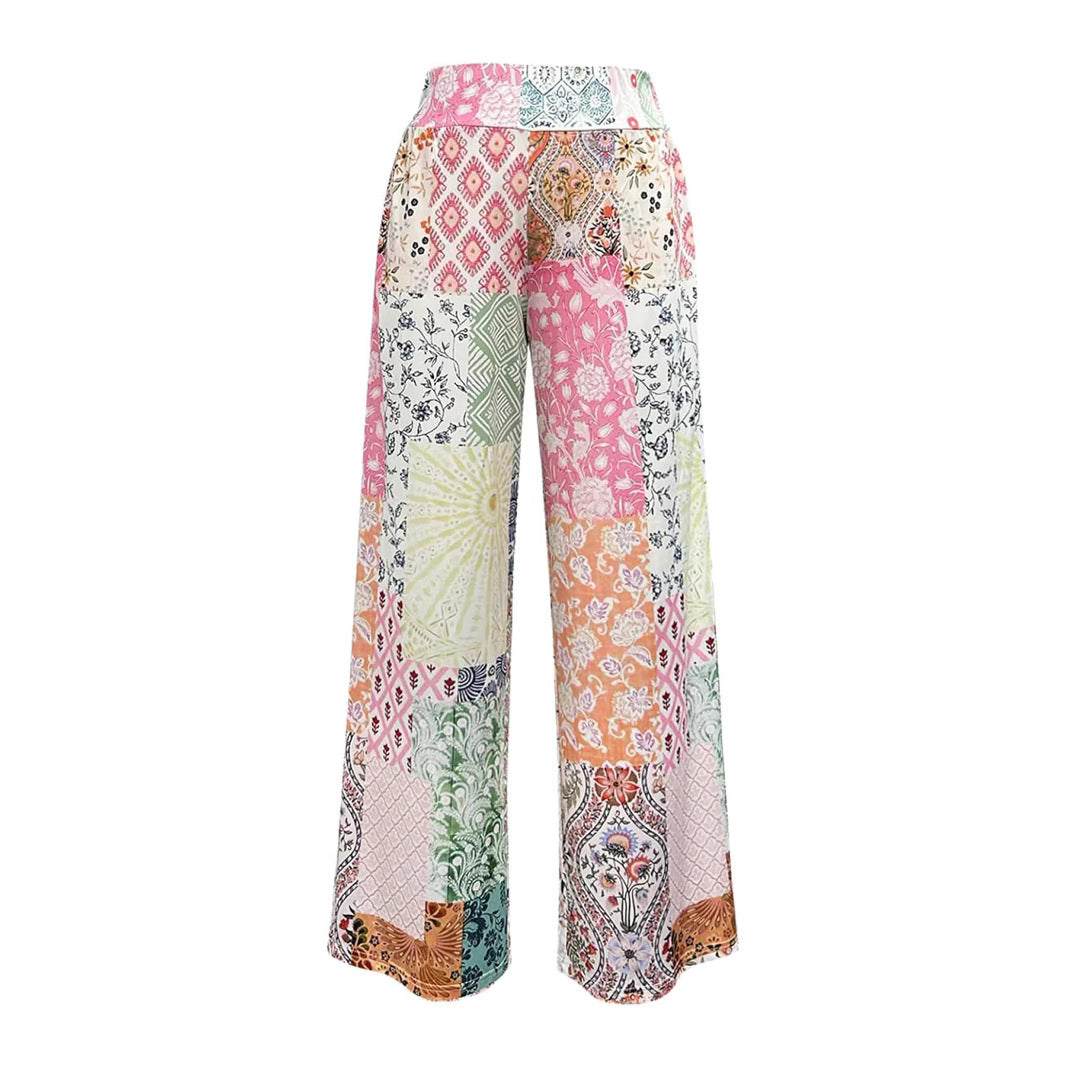 Damen Patchwork Palazzo-Hose mit weitem Bein und hohem Bund Shop Nory