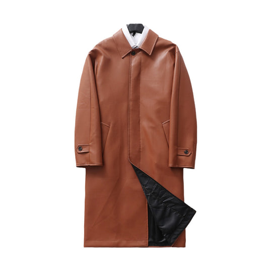 Herren langer minimalistischer Kunstleder-Mantel mit Hemdkragen, verdeckter Knopfleiste und geradem Schnitt Shop Nory