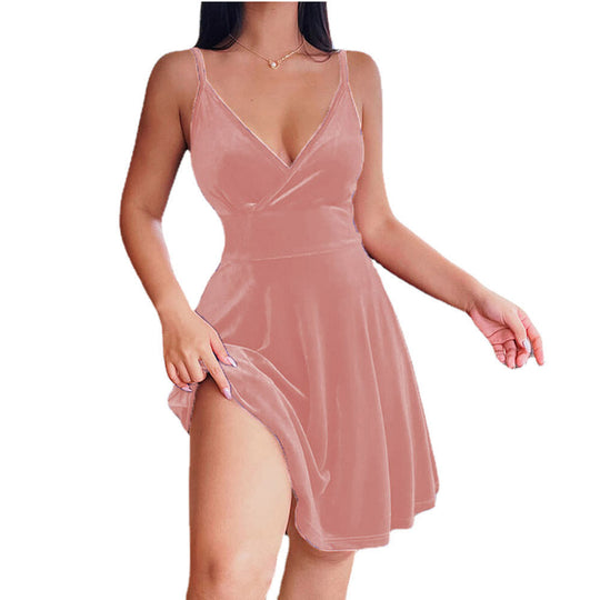 Damen edles Samtkleid im A-Linien Schnitt mit tiefem V-Ausschnitt und seitlichem Schlitz