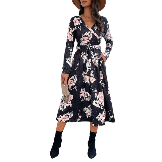 Damen Wickel-Midikleid mit tailliertem Bindegürtel, ausgestelltem Rock und V‑Ausschnitt Shop Nory