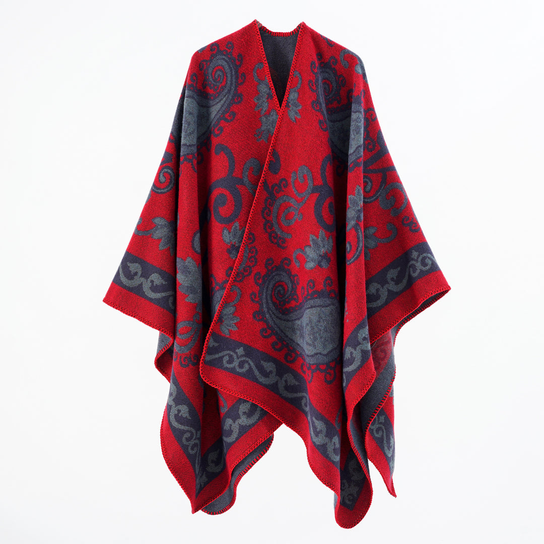 Damen Wollmix-Poncho-Umhang mit Paisley-Jacquard und Ziernaht Shop Nory