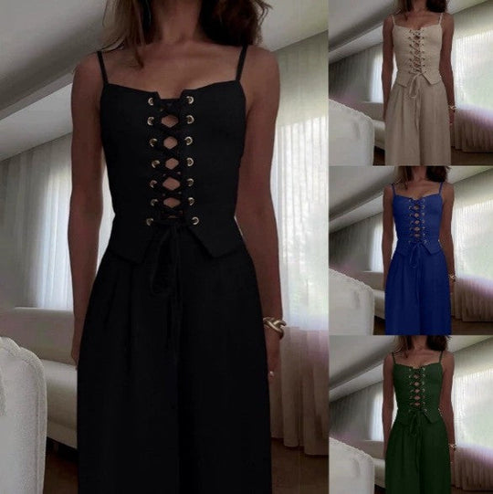 Damen Jumpsuit mit femininer Schnürung und weit geschnittenem Bein