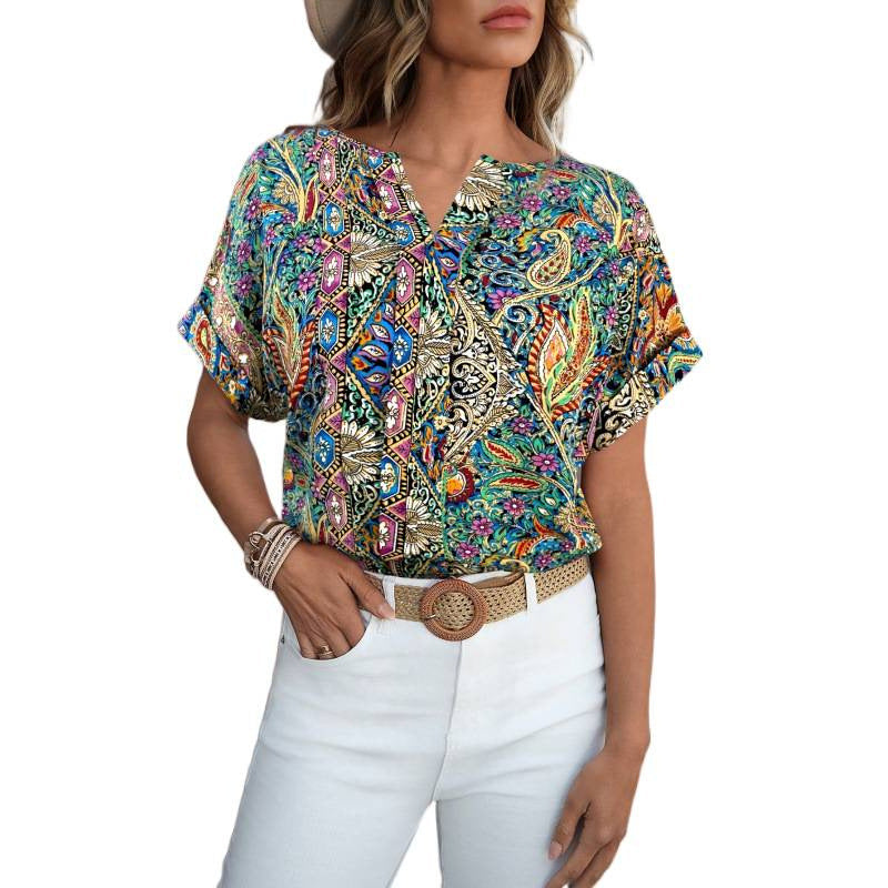 Damen Kurzarm Bluse mit buntem Druck und V-Ausschnitt