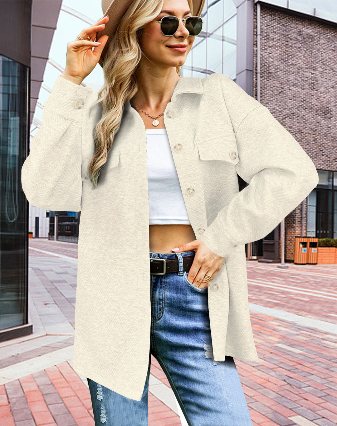 Damen Longline Oversize Hemdjacke mit aufgesetzten Pattentaschen und Strukturstoff Shop Nory