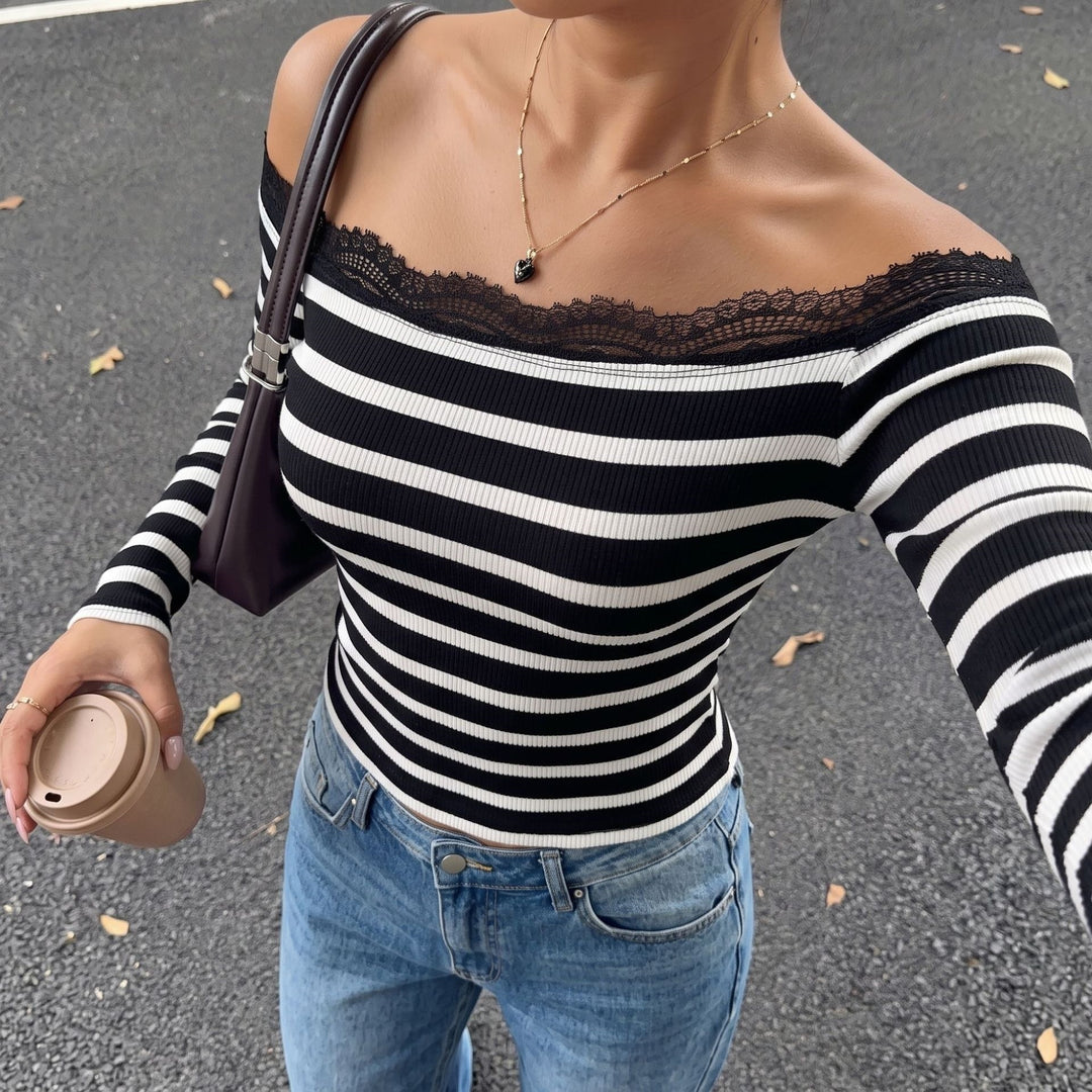 Damen Schulterfreies gestreiftes Rippoberteil mit Spitze Shop Nory