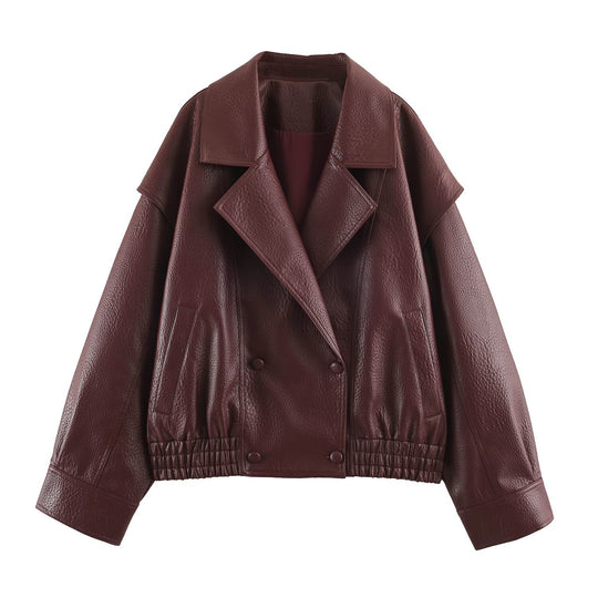 Damen Oversize Kunstlederjacke mit Doppelreihe, weitem Revers und elastischem Saum Shop Nory