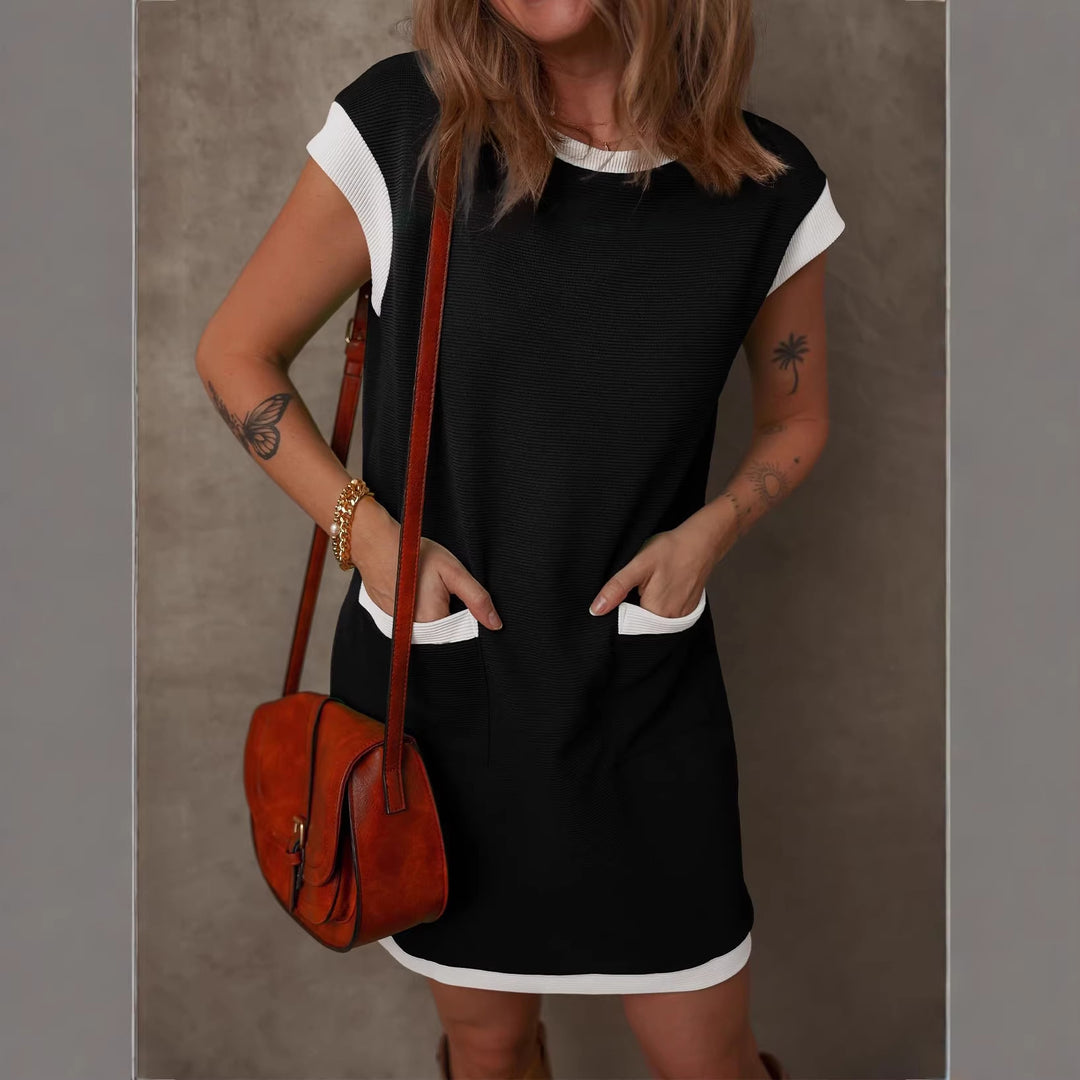 Damen Ärmelloses A-Linien-Shiftkleid mit Kontrastkanten, aufgesetzten Taschen und strukturierter Rippoptik Shop Nory