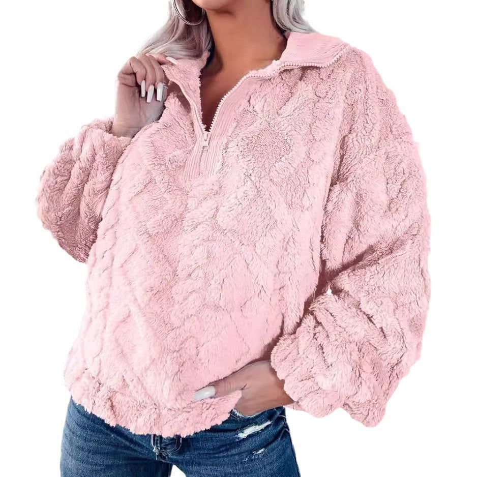 Damen nan Plüsch-Sherpa-Pullover mit halbem Reißverschluss, Stehkragen und oversized Silhouette Shop Nory