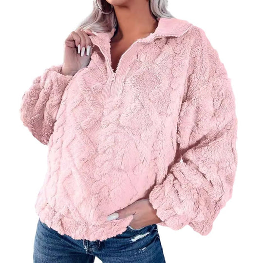Damen nan Plüsch-Sherpa-Pullover mit halbem Reißverschluss, Stehkragen und oversized Silhouette Shop Nory