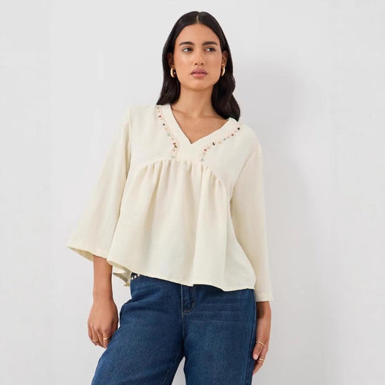 Damen Lockeres V‑Ausschnitt Blusentop mit Stickdetail und Empire‑Raffung Shop Nory