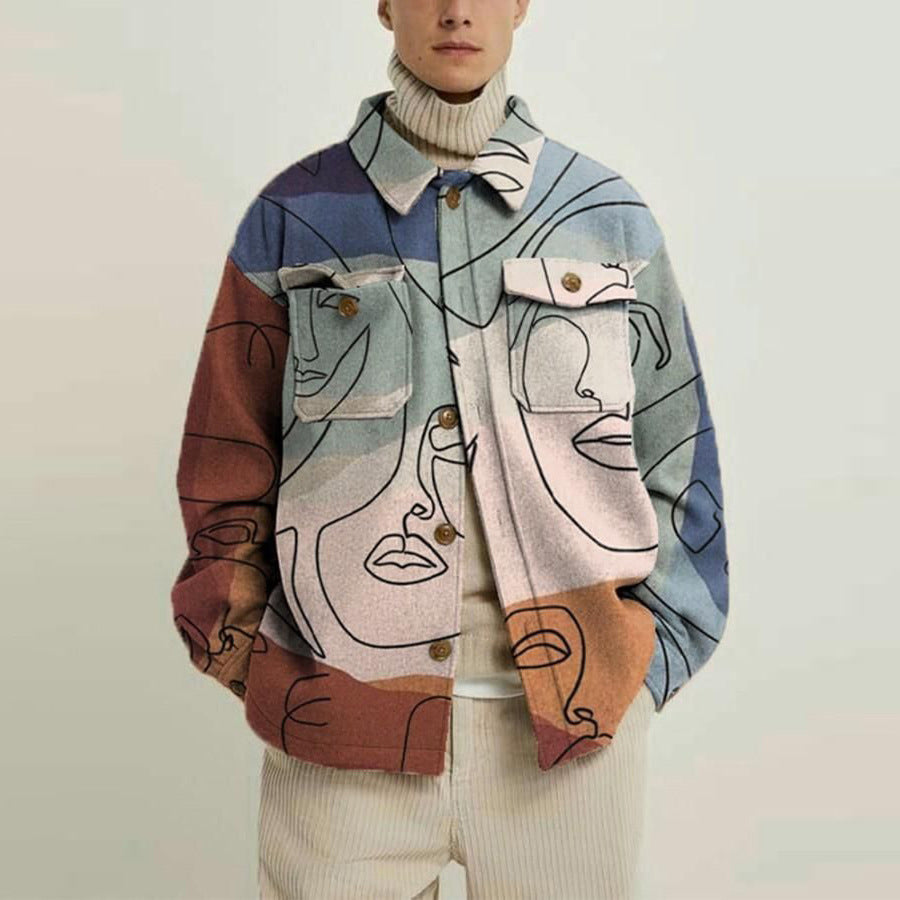 Damen Oversized Wolloptik-Überhemd mit asymmetrischem Vogelprint und Pattentasche Shop Nory