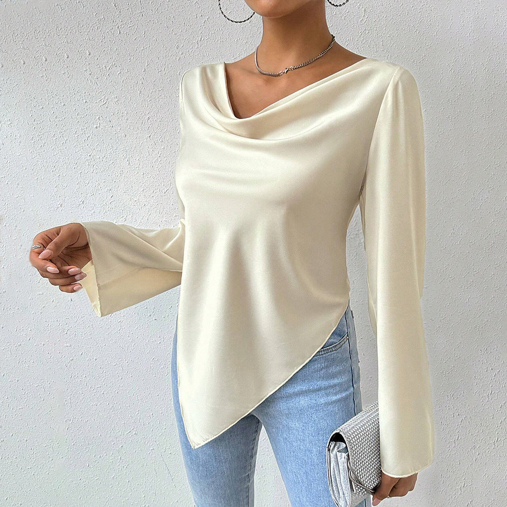 Damen Bluse mit Wasserfallkragen, weiten Trompetenärmeln und fließender Satinoptik Shop Nory