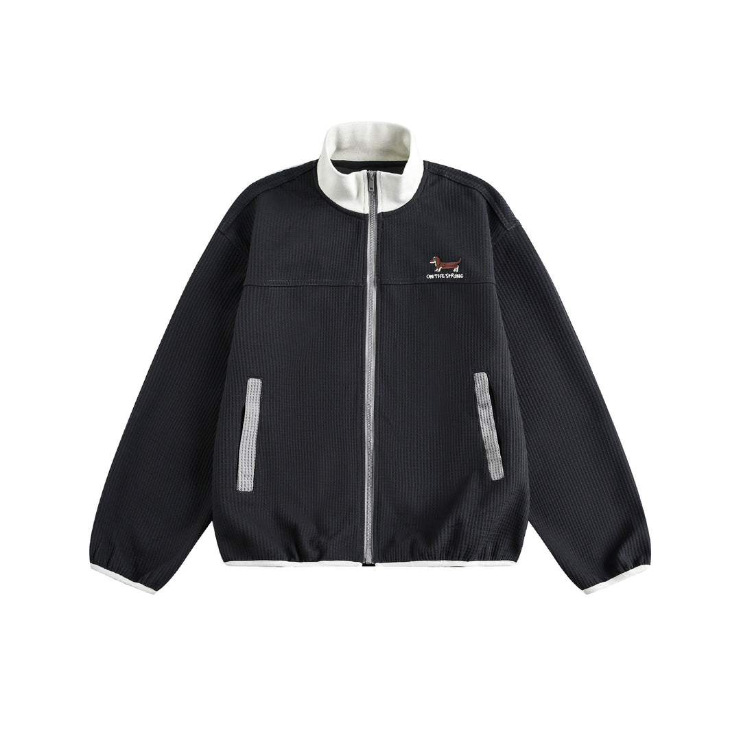 Damen Waffelstruktur Zipjacke im Boxy‑Cut mit Stehkragen und Hundestickerei Shop Nory